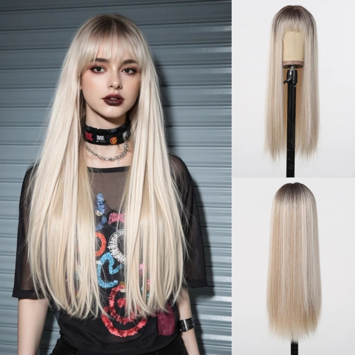 Black Highlight Pink Synthetic Wig Bangs Long Straight Red Cosplay Party Christmas