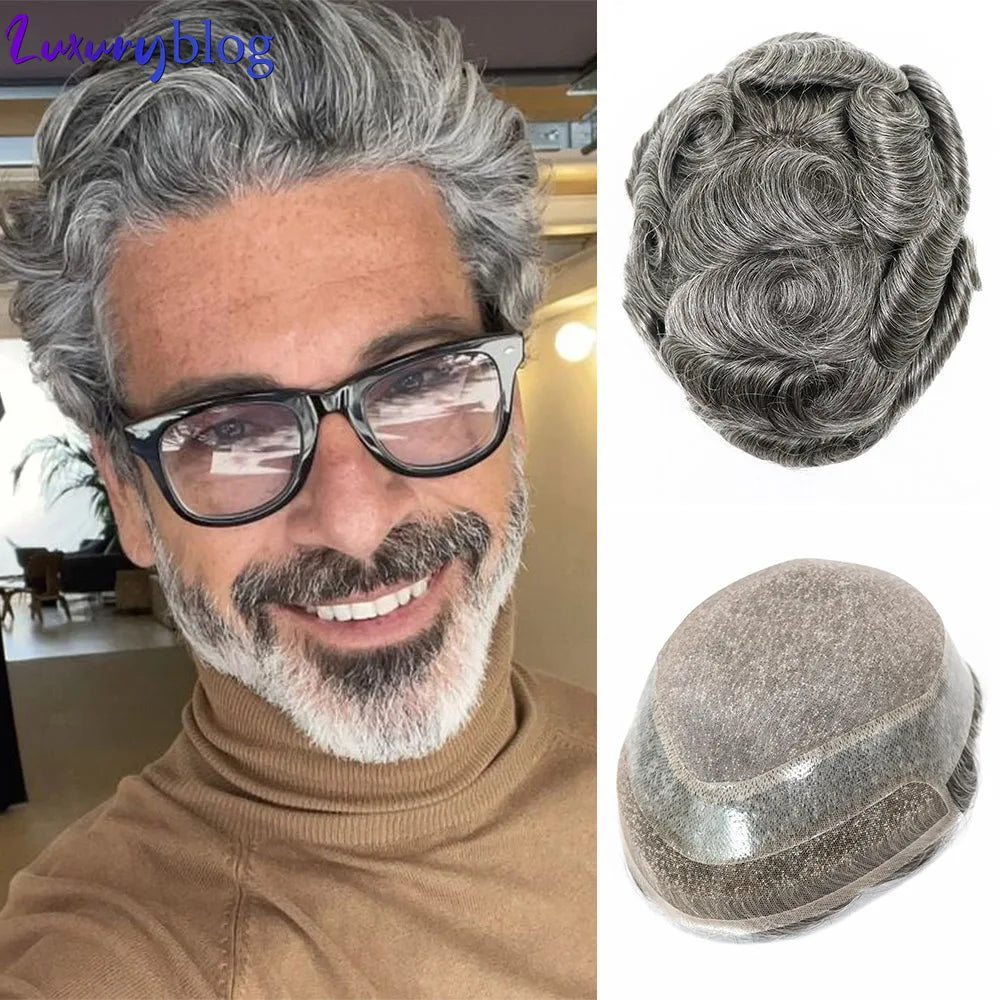 Grey Human Hair Prosthesis Toupee PU Fine Mono Lace Front Wig System