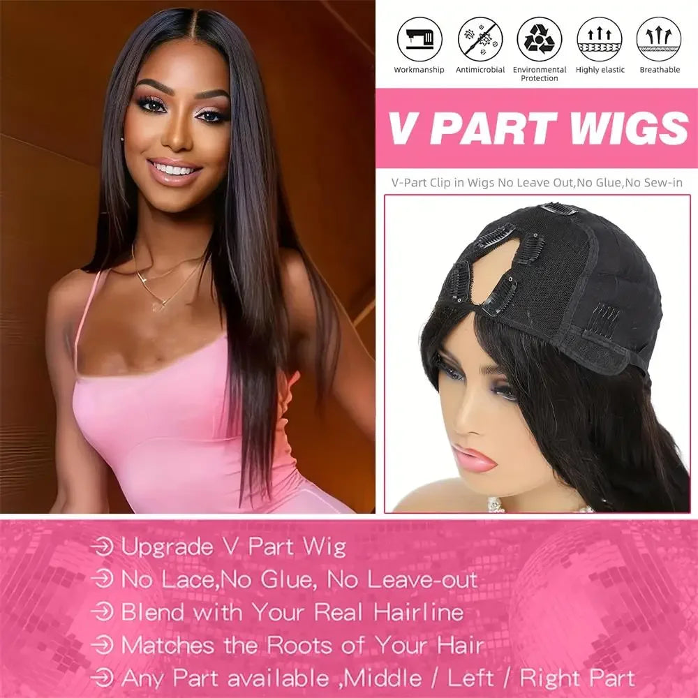 V Part Straight Human Hair Wig, Brazilian Remy, No Leave Out, 220% Density