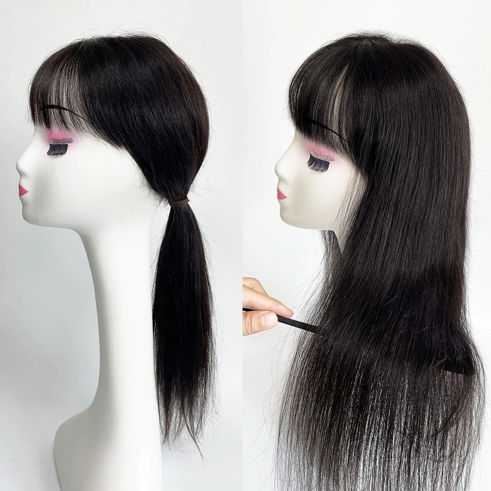 4x4 HD Lace Base Wispy Bangs Topper Natural Black Hair Hairpieces Clips