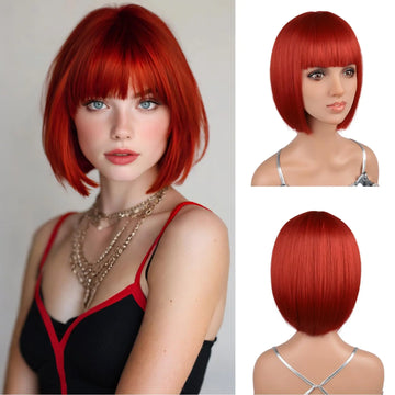 Red Bob Hairstyle Synthetic Wig Party Halloween Cosplay Hot-pressed Hairpiece