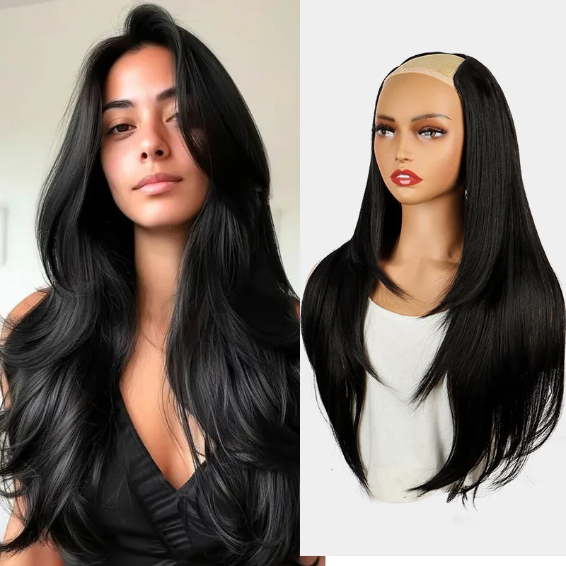 22Inch Synthetic Long Straight Layered Clip-in Hair Extension V-shaped Black Blonde Invisible Hairpiece
