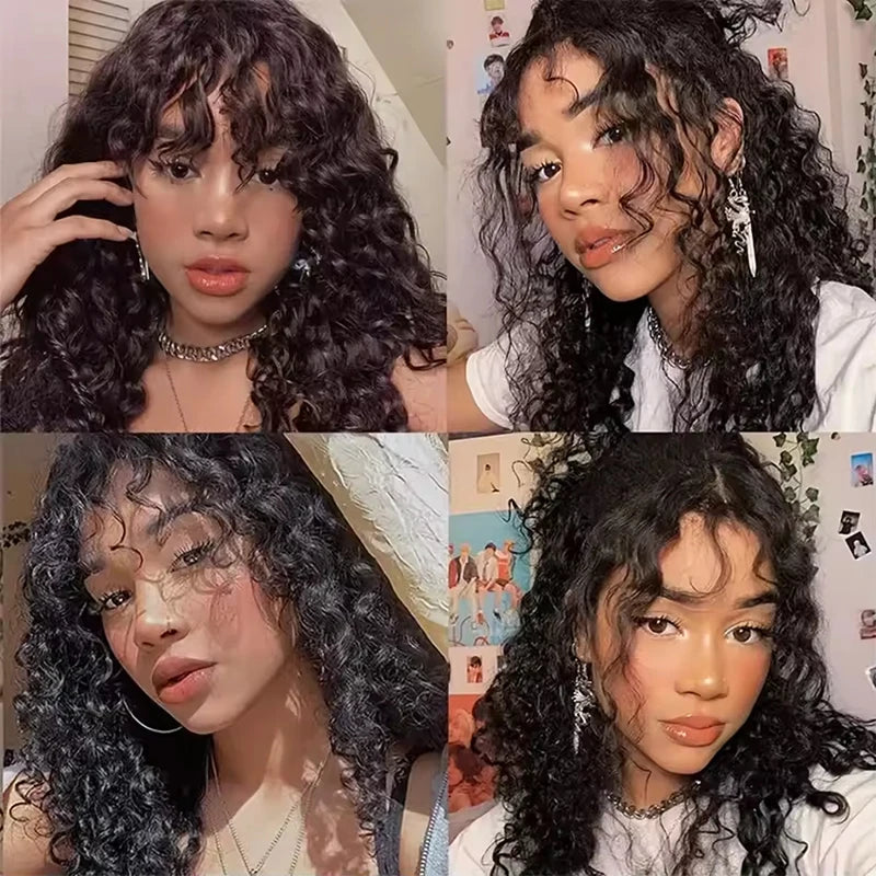 Water Wave Human Hair Wigs Bangs 1B Black Not Lace Natural Color