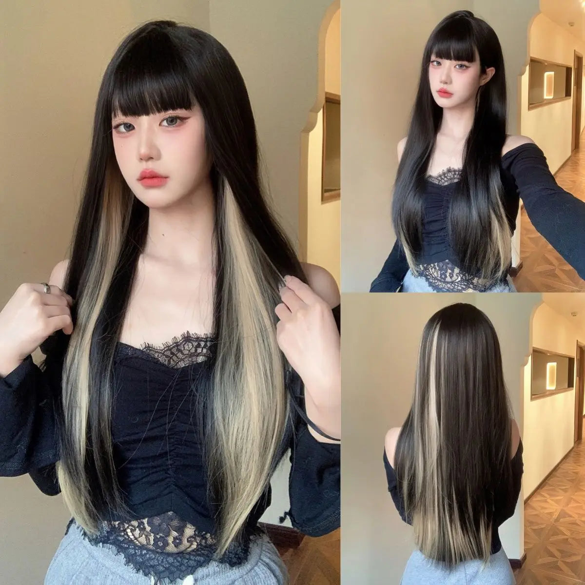 Black Highlight Pink Synthetic Wig Bangs Long Straight Red Cosplay Party Christmas
