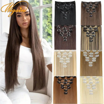 24Inch Synthetic 7Pcs/set Long Straight Hair Extension 16Clips Hairstyle Black Blonde Hairpiece