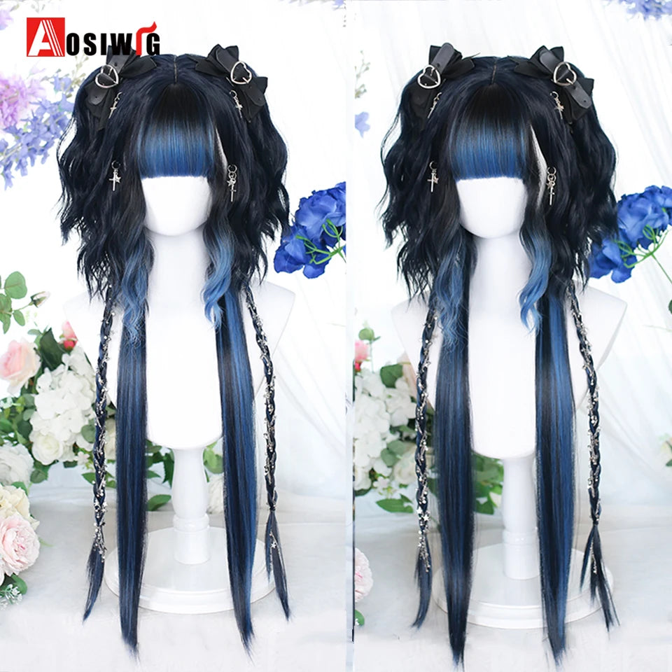 Blonde Twin Ponytail Princess Cut Natural Short Hair Synthetic Wigs Bangs Heat