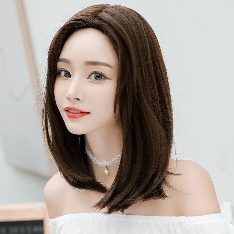 Wigs Short Straight Chocolate Bob Density Synthetic Layered Middle Part Dark Brown