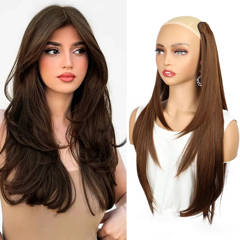 22Inch Synthetic Long Straight Layered Clip-in Hair Extension V-shaped Black Blonde Invisible Hairpiece