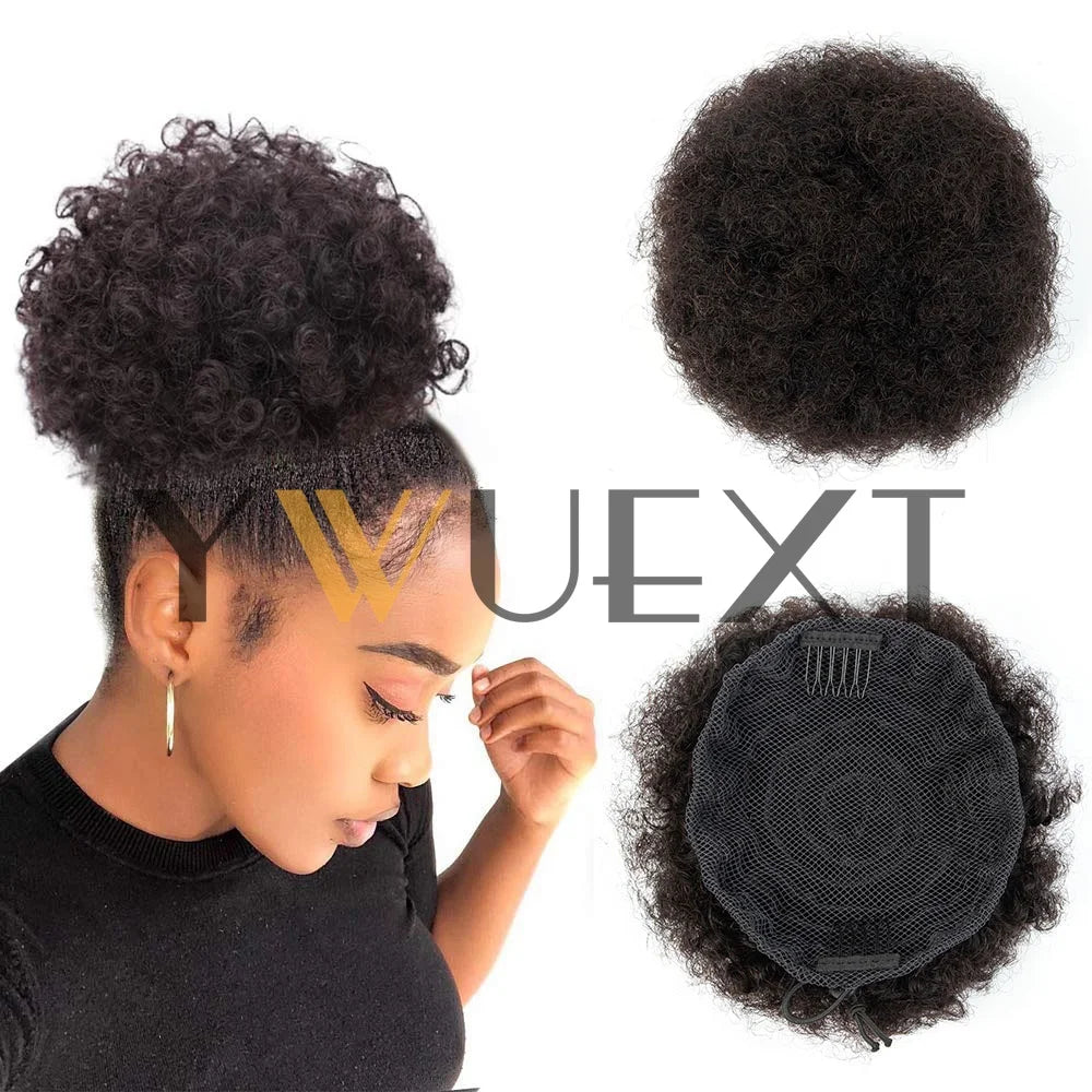 Afro Puff Ponytail 4-6 Human Hair Extensions Clip On Kinky Drawstring Curly
