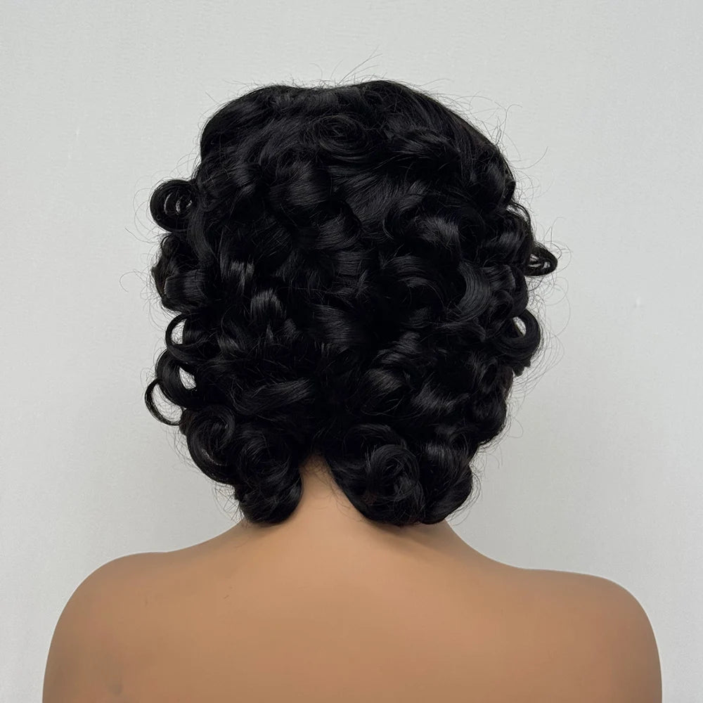 4x4 Lace Closure Wig Short Bouncy Texture Pixie Hair Real Human, 200%