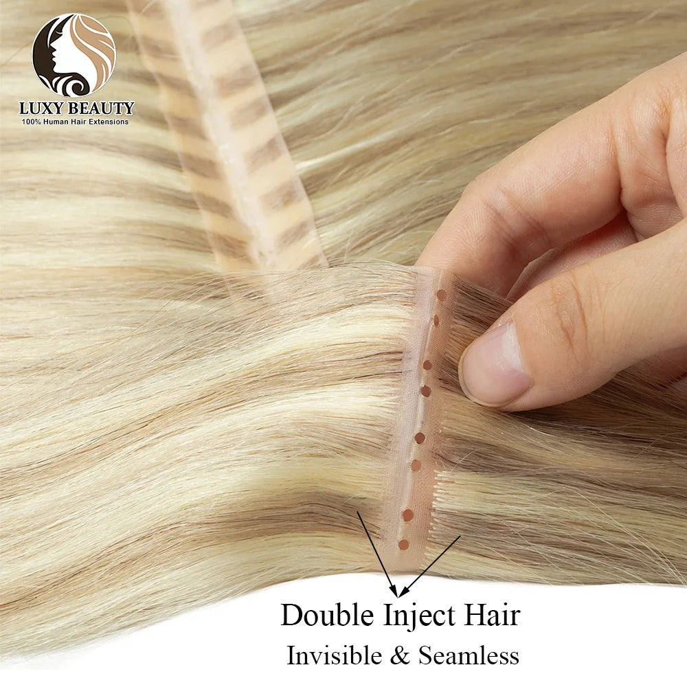 Blonde Invisible Skin Weft Inject Human Hair Extensions Straight Twin Tab Natural