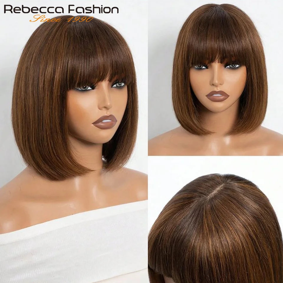 Straight Human Hair Bob Lace Wig with Bangs - Fringe Middle Part, Realistic Scalp, Brazilian