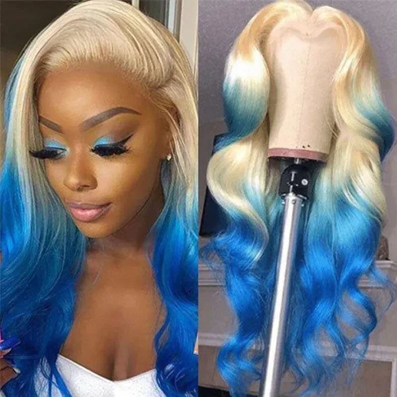 180% Density Brown Roots Ash Blonde Body Wave Lace Frontal Wig, 13x4, Ombre, Synthetic Blend