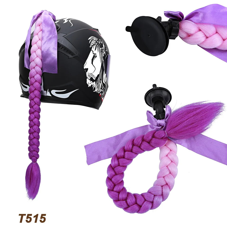 Synthetic Helmet Pigtails Gradient Ramp Braids Ponytail Hair Suction Cup Bowknot Motor