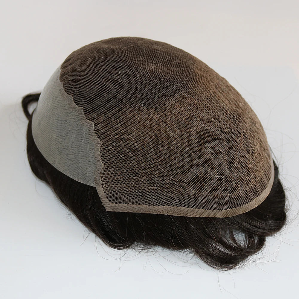 Swiss Lace PU Toupee Black Europe Human Hair Wig 1B40 Replacement System