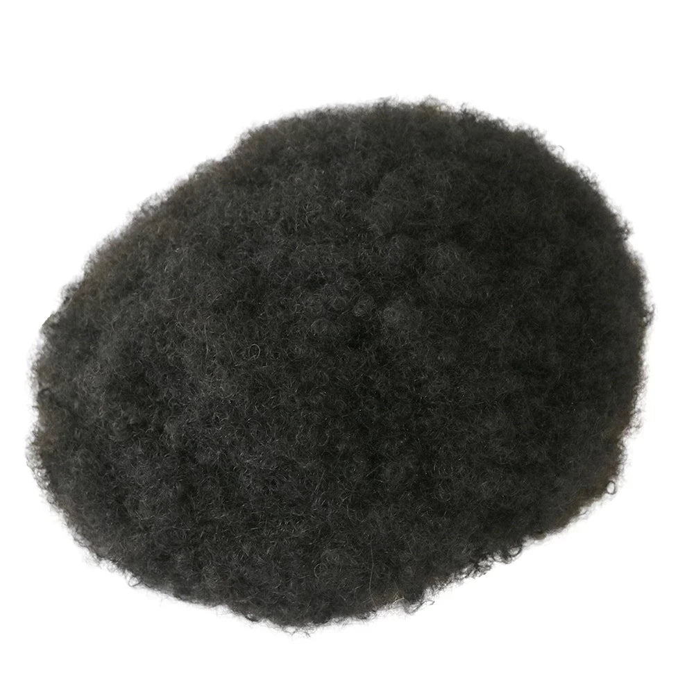 Grey Mix Black Men's Afro Tight Curly Toupee, Full PU, Indian Human Hair