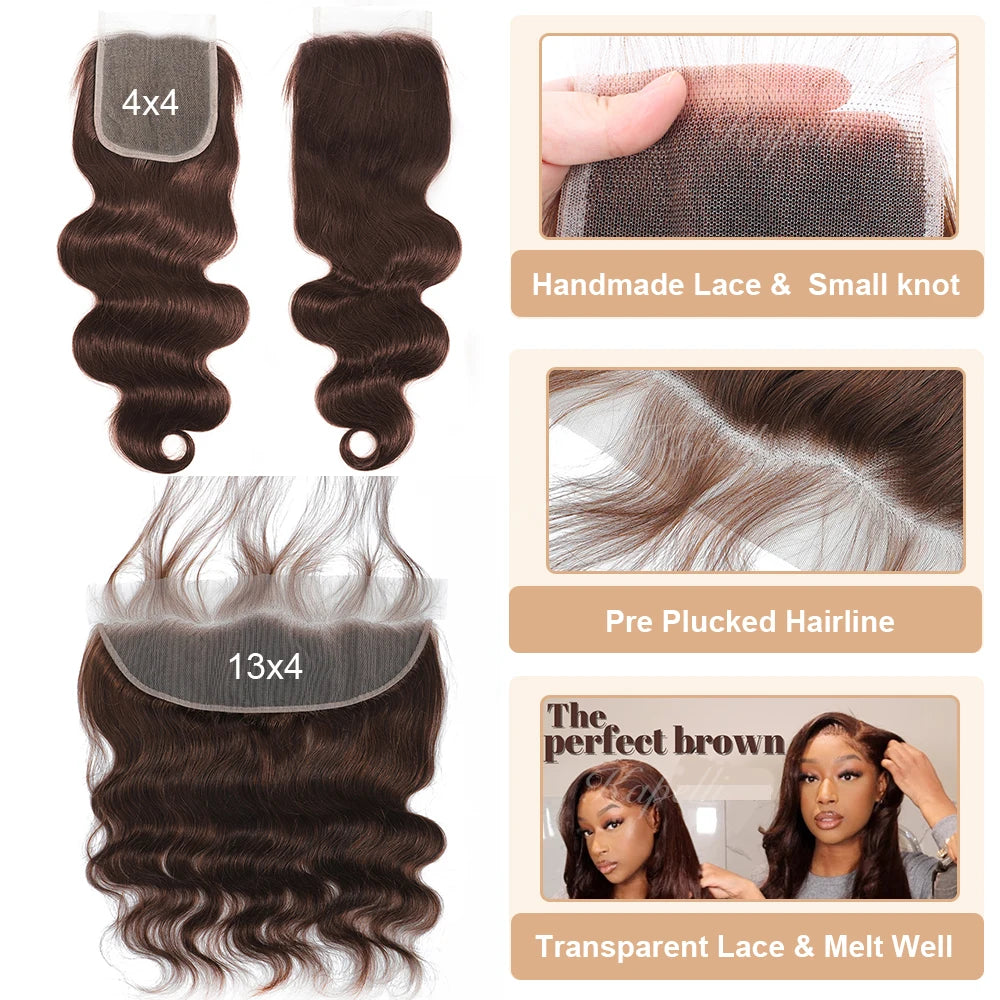 Brown Body Wave Human Hair Bundles with Lace Closure — Brazilian, Remy