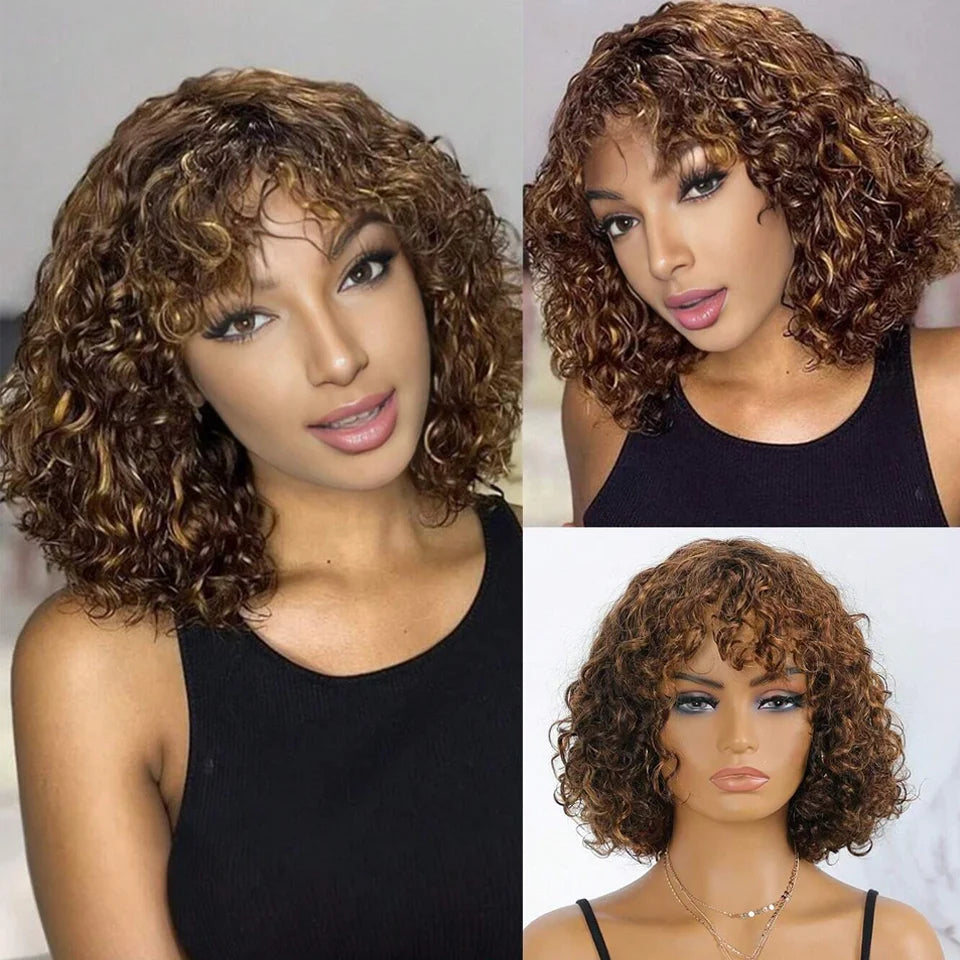 Jerry Curly Human Hair Wigs Bangs Full Machine Made Highlight Honey Blonde