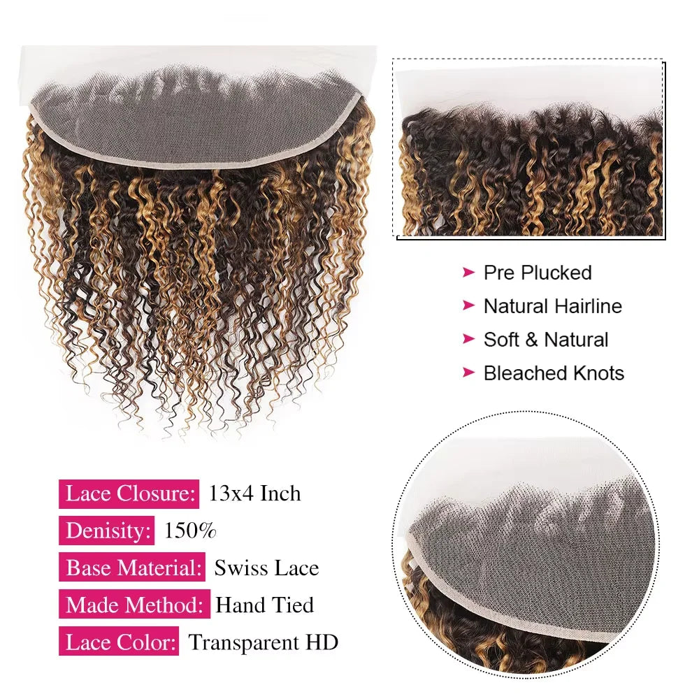 4/27 Highlight Curly Brazilian Hair Weaves Bundles Frontal, 13x4 Lace Closure Deep