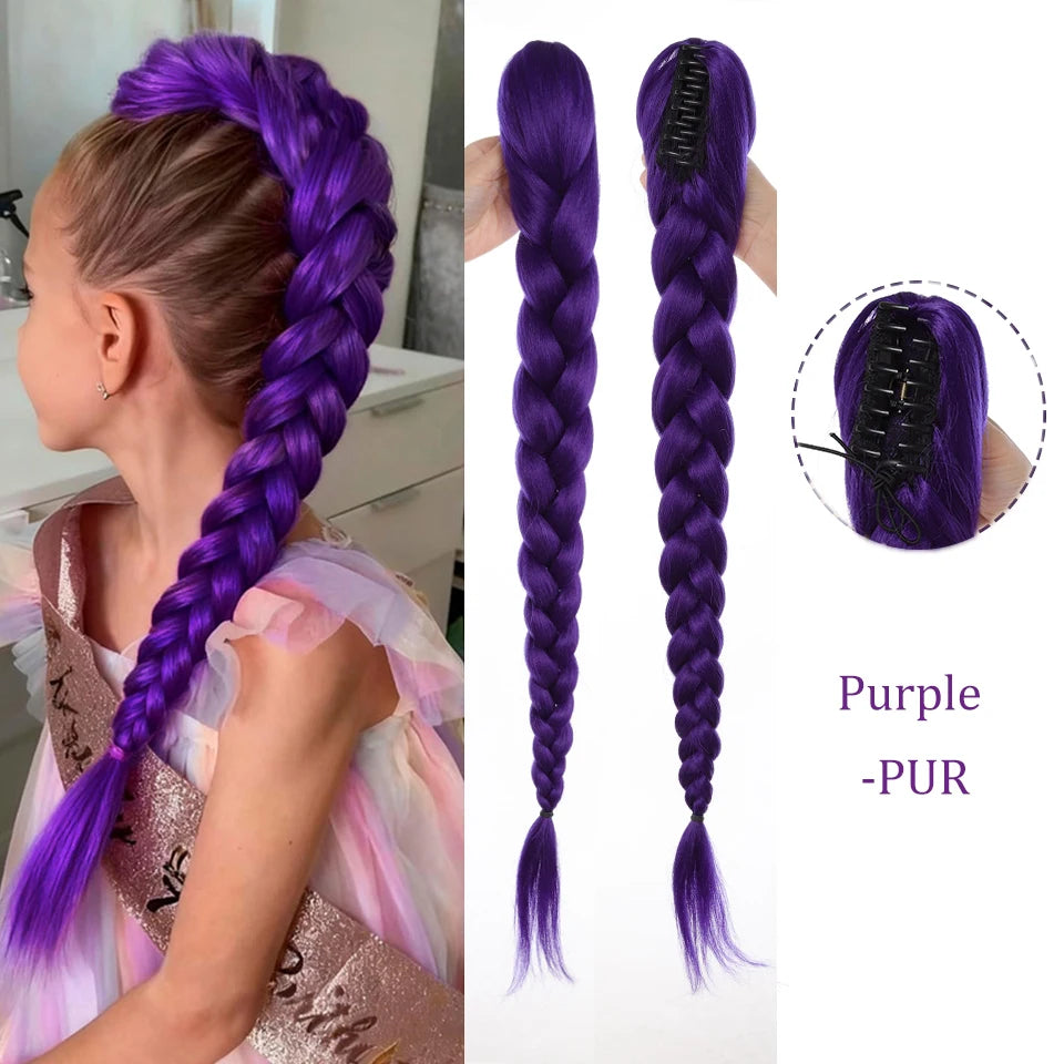 Purple Braided Synthetic Ponytail Extension, 28 Inch, Claw Clip