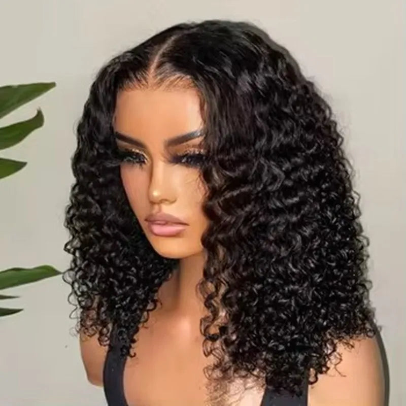 Deep Curly Black Color Short Bob Blunt Cut, 13x4 Lace Frontal Synthetic
