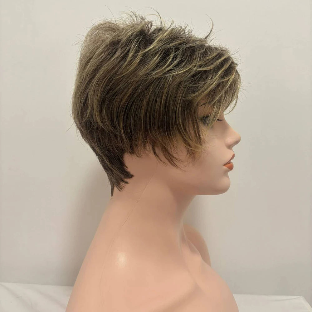 Short Dark Brown Mixed Blonde Highlight Pixie Cut Wigs with Bangs Synthetic Hair Layered Wigs