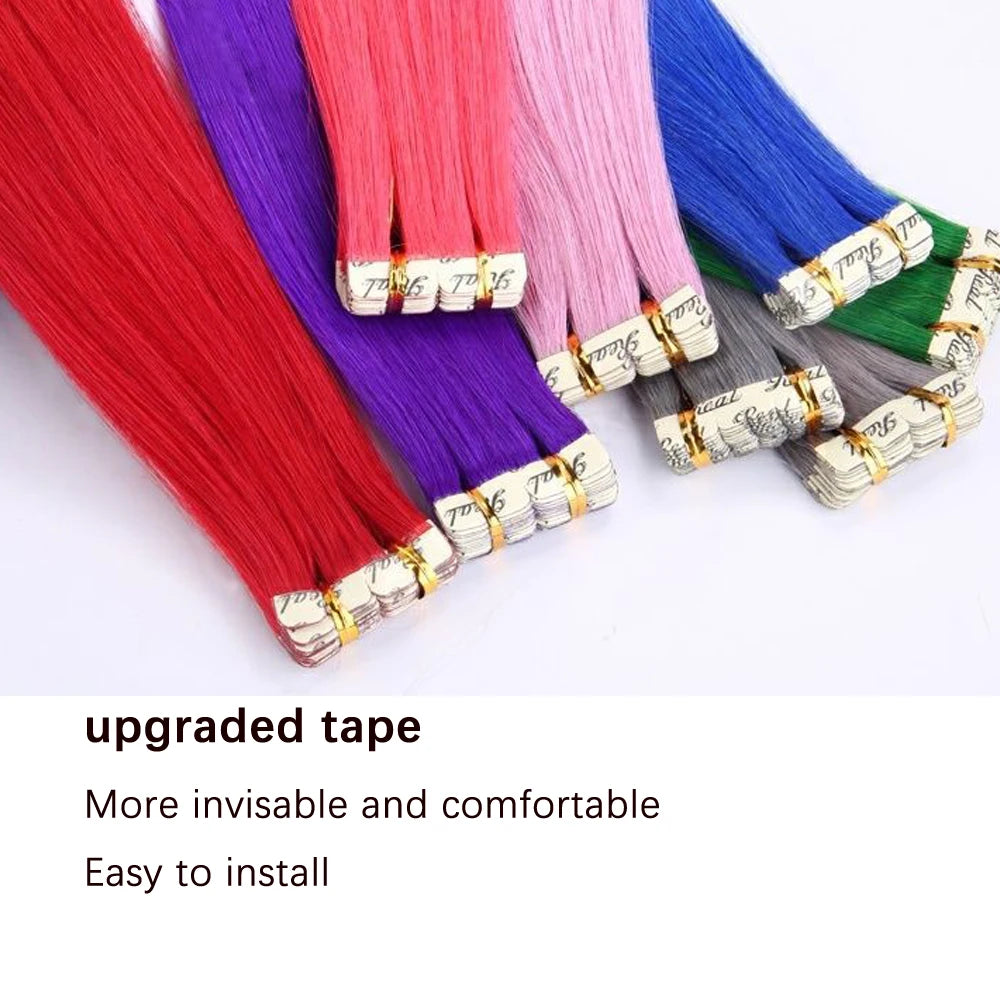 Synthetic Tape in Hair Extensions Straight Mini Ins Invisible Adhesive Colored