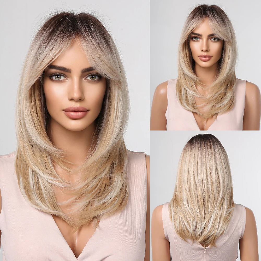 Long Blonde Wigs Synthetic Hair Fringe Ombre Color Dark Roots Layered Heat