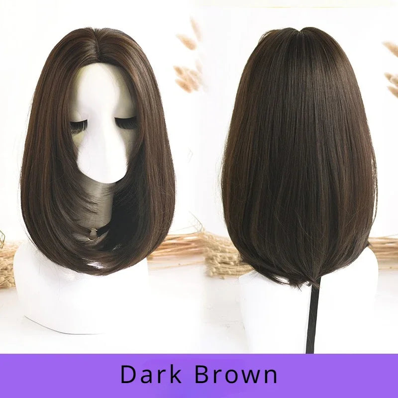 Wigs Short Straight Chocolate Bob Density Synthetic Layered Middle Part Dark Brown