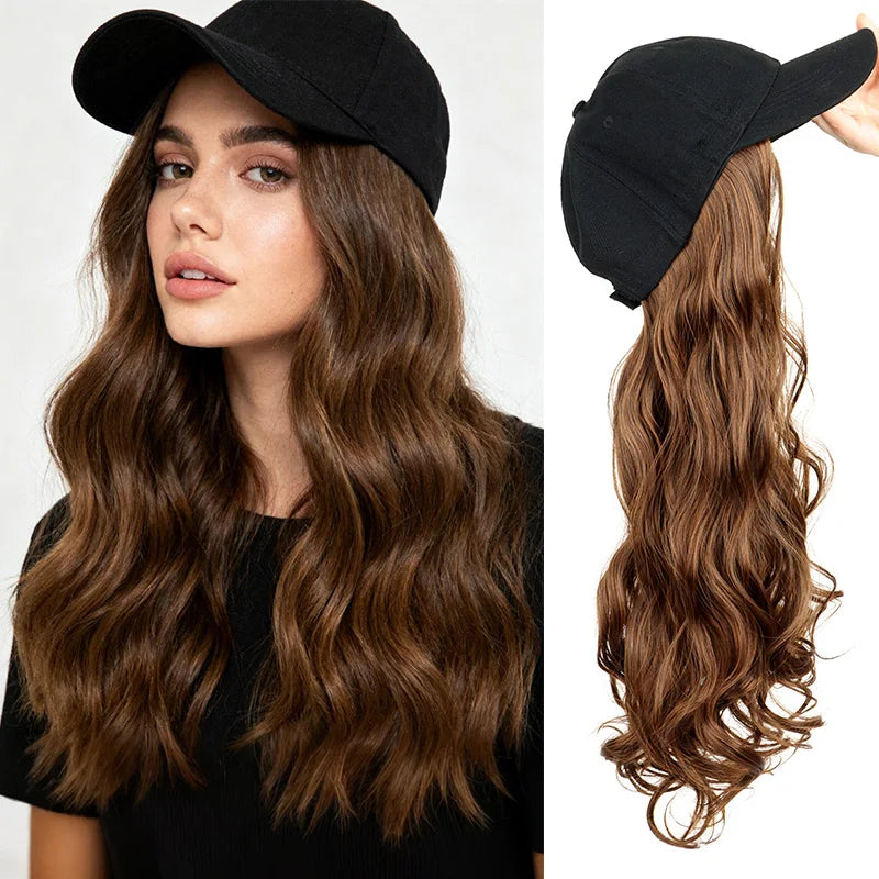 20Inch Synthetic Long Curly Hat Wig Baseball Cap Black Brown Hairpiece Adjustable Hat Wigs