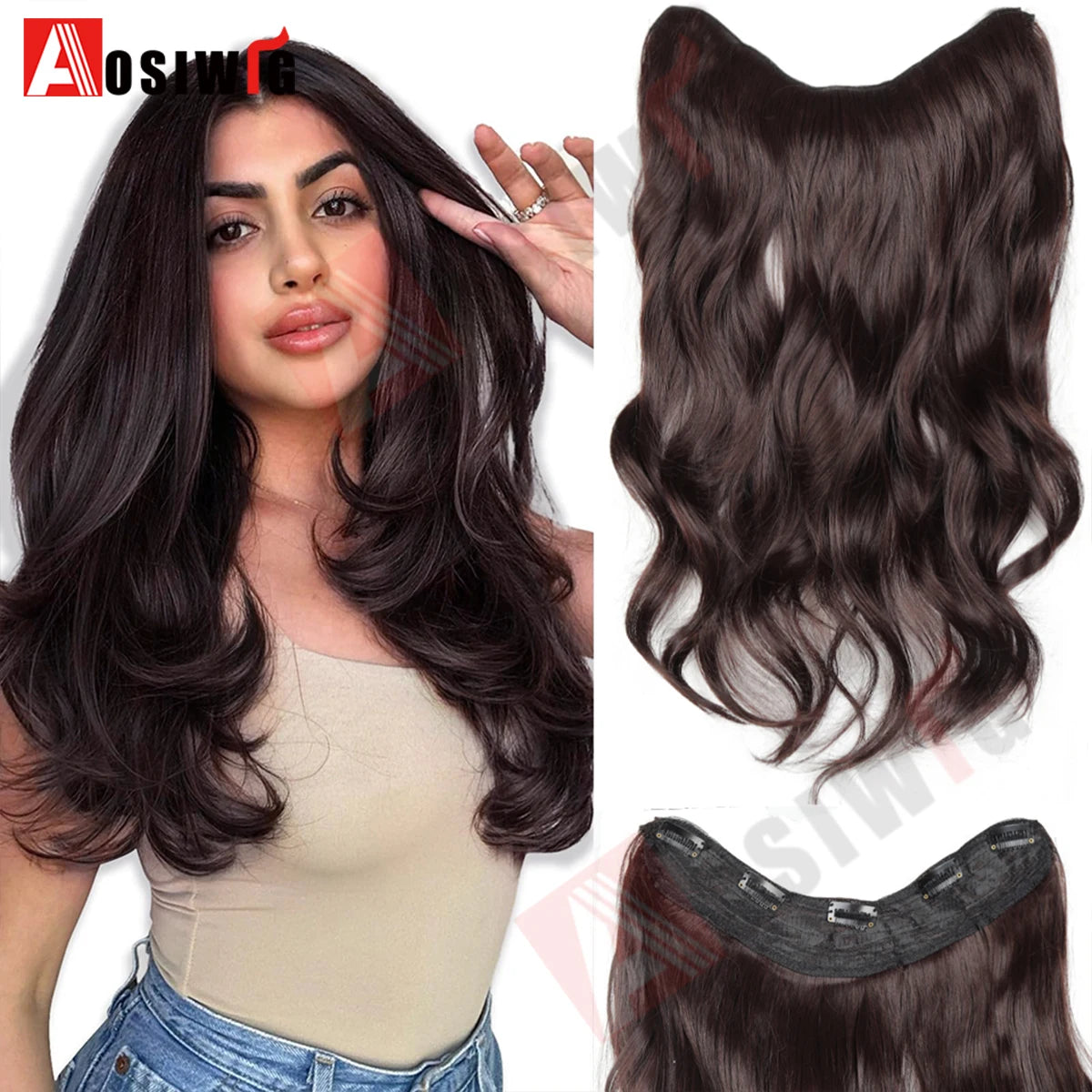 20Inch Synthetic Long Wavy Curly 5 Clip in Hair Extension Fashion Invisible V-shaped Heat Resistant Black Hairpiece