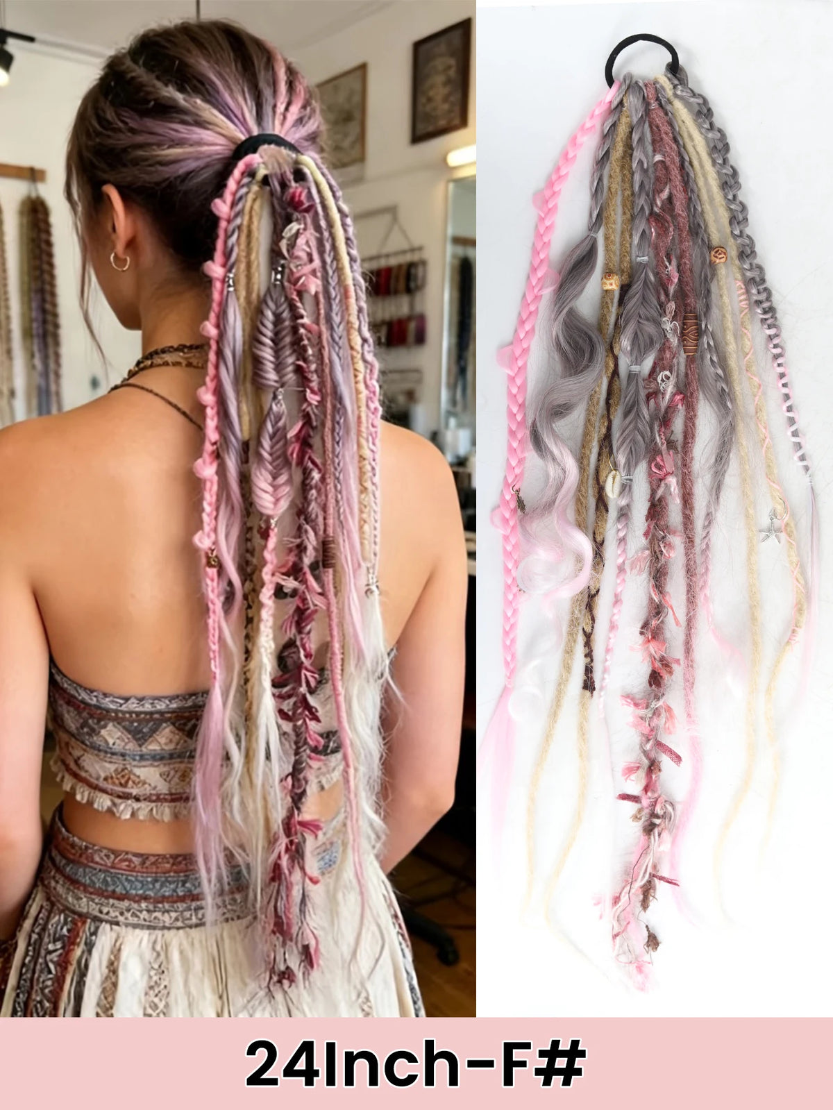 Hand-Braided Viking Dreadlock Beaded Synthetic Hairpiece 24" Boho Braided Ponytail Extension with Hair Tie