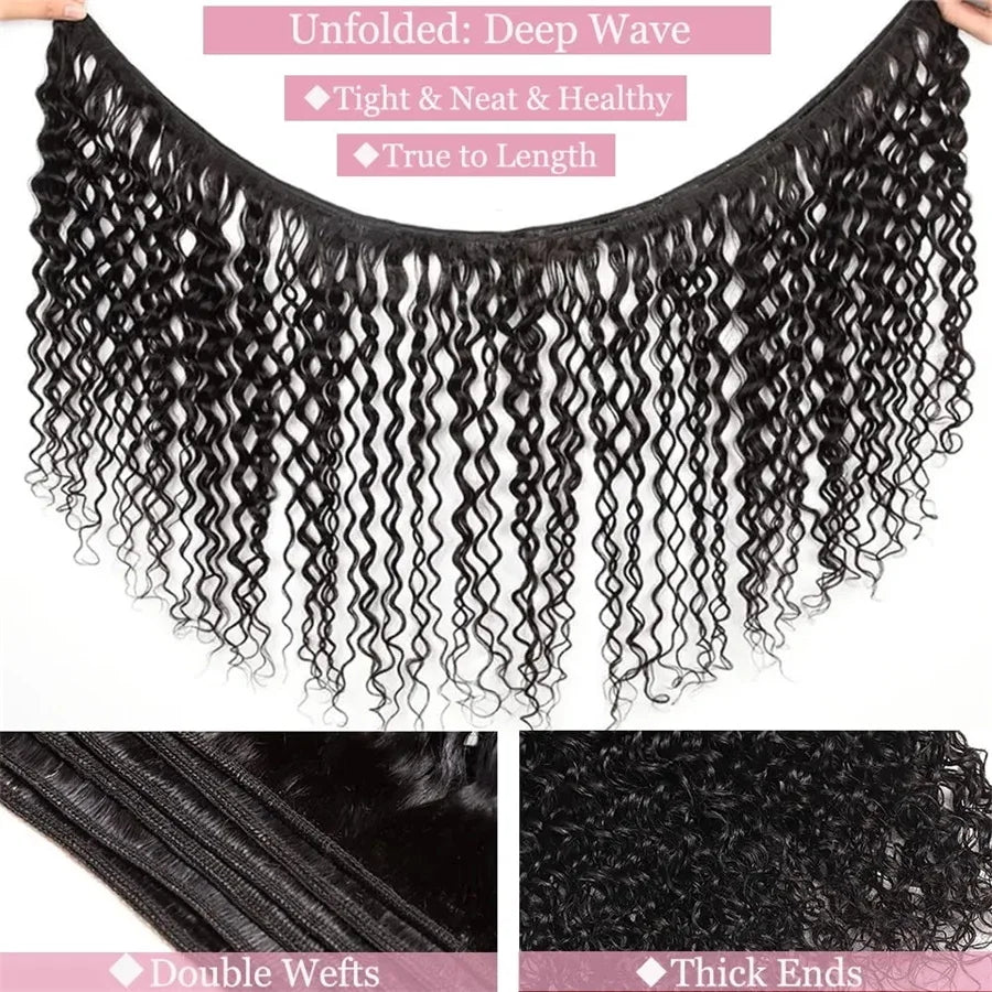 Unprocessed Raw Indian Virgin Hair Deep Wave Human Bundles 3/ Weave Double