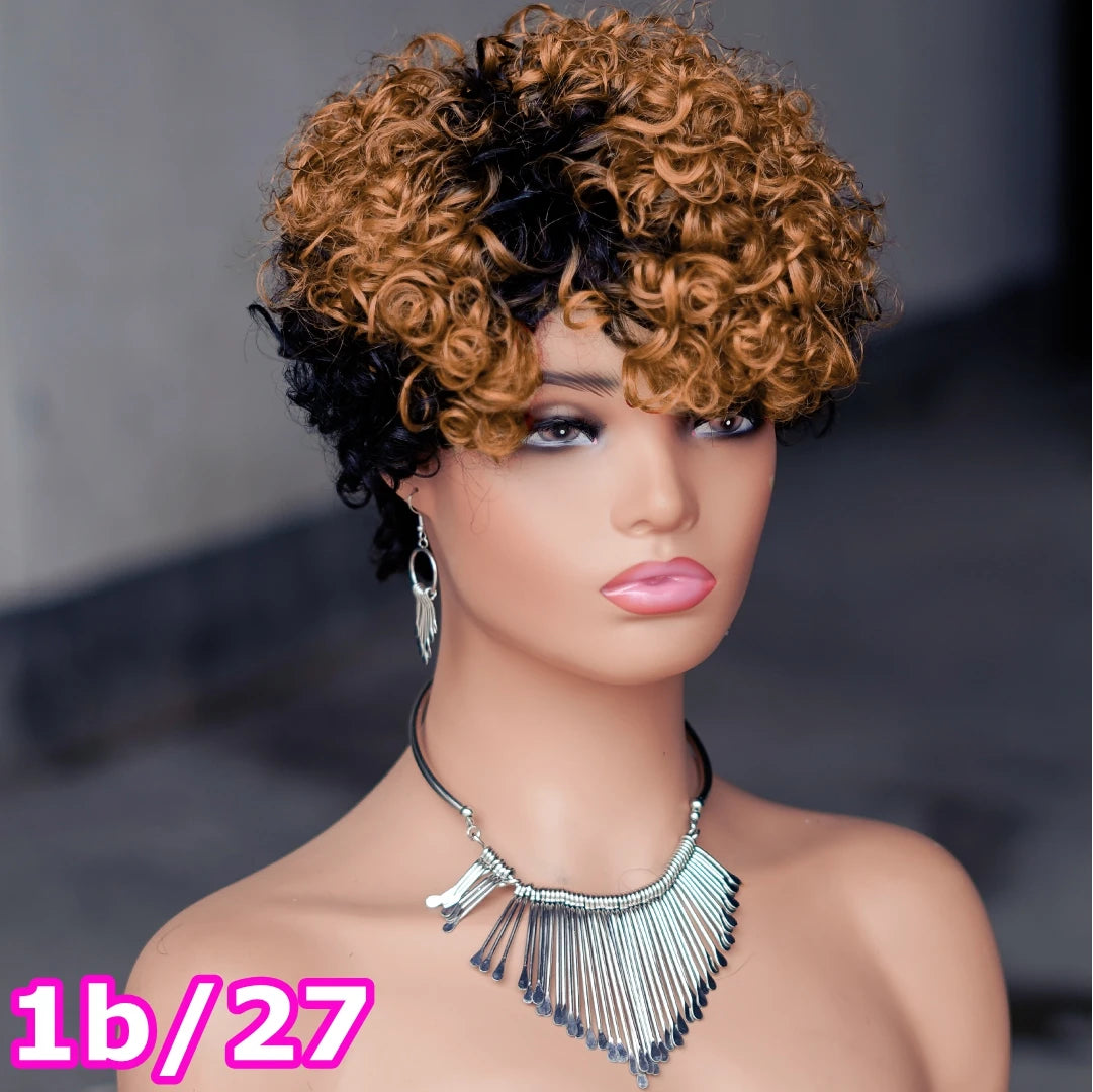 99J Red Rose Curly Short Bob Pixie Cut Human Hair Wig Ombre
