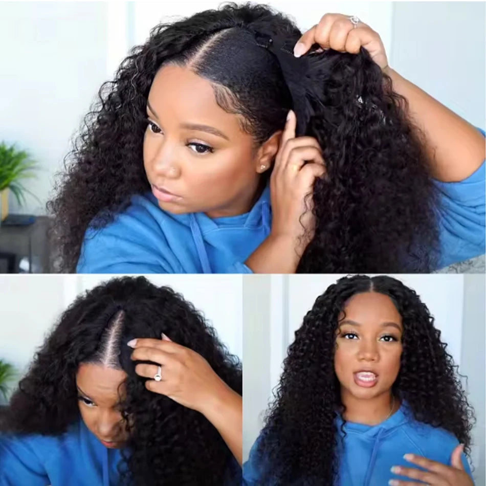 32Inch Curly V Part Wig Human Hair Brazilian Virgin Upgrade Drawstring Glueless