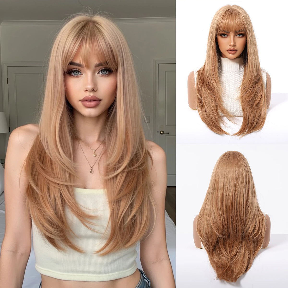 Black Highlight Pink Synthetic Wig Bangs Long Straight Red Cosplay Party Christmas