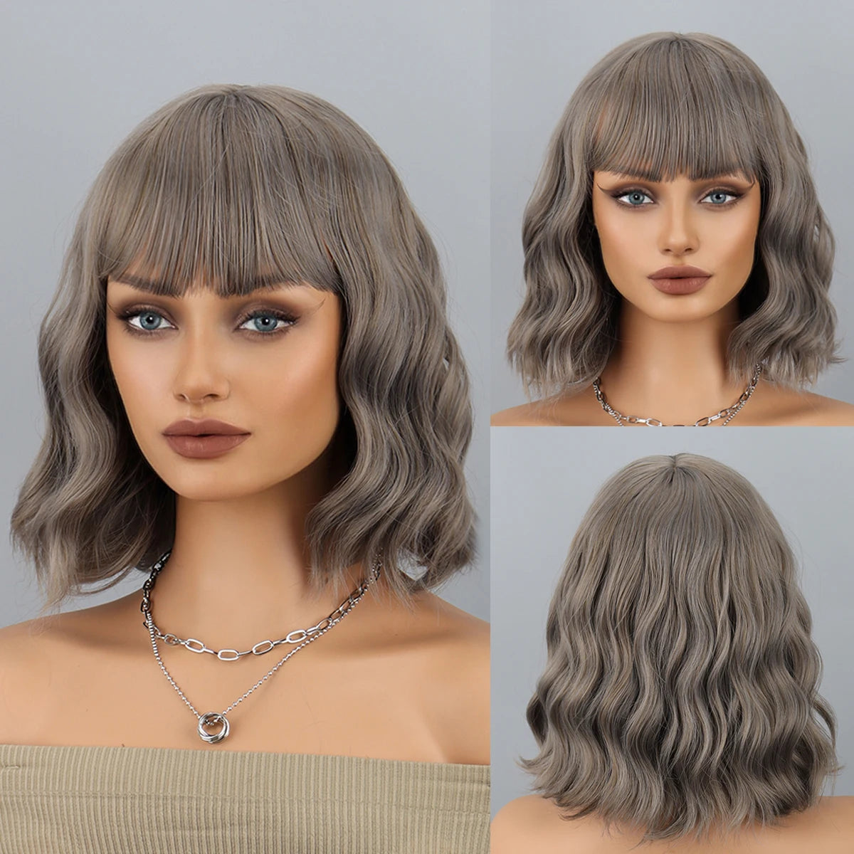 Blue Bob Wigs Bangs Short Colorful Wavy Curly Synthetic Cosplay Halloween Costume