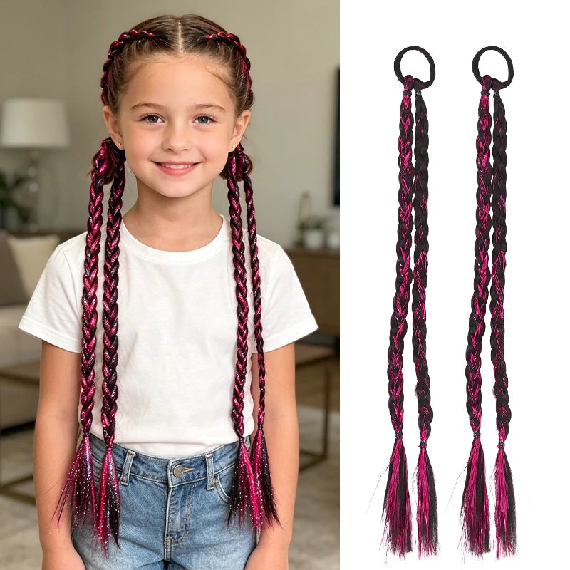 Trendy Pair Pack Synthetic Fiber Laser Highlights Braided Ponytail Wig Girls Streetwear