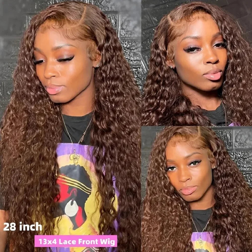 Deep Wave Frontal Wig, 13x4 HD Lace Chocolate Brown Curly Front Human