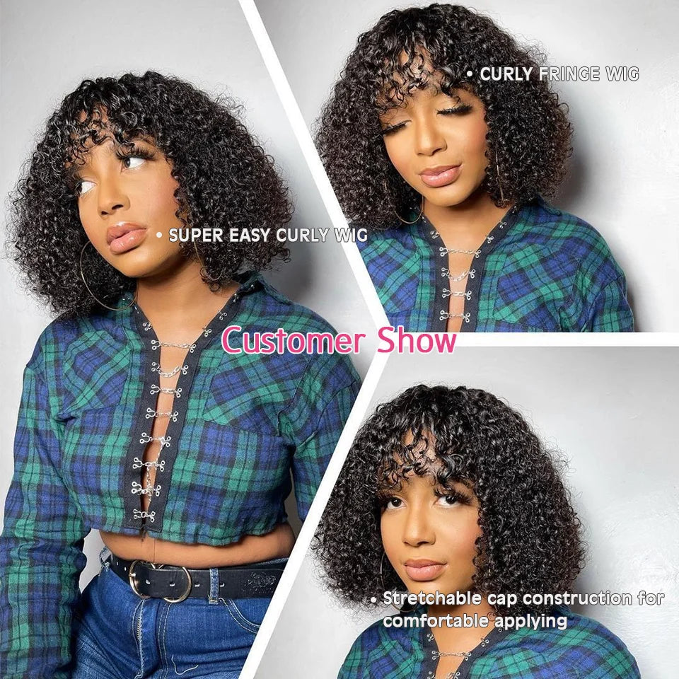 Jerry Curly Human Hair Wigs Bangs Full Machine Made Highlight Honey Blonde