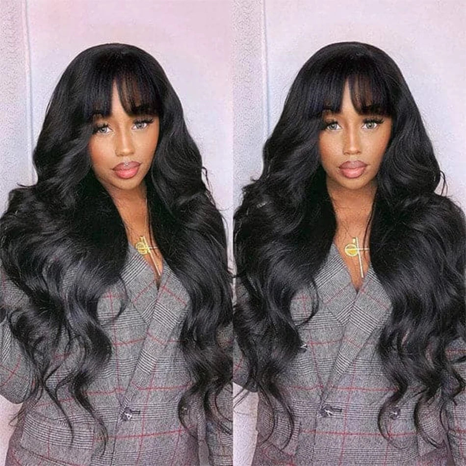 Body Wave Human Hair Wigs Bangs Brazilian Pre Plucked Full Machine Made