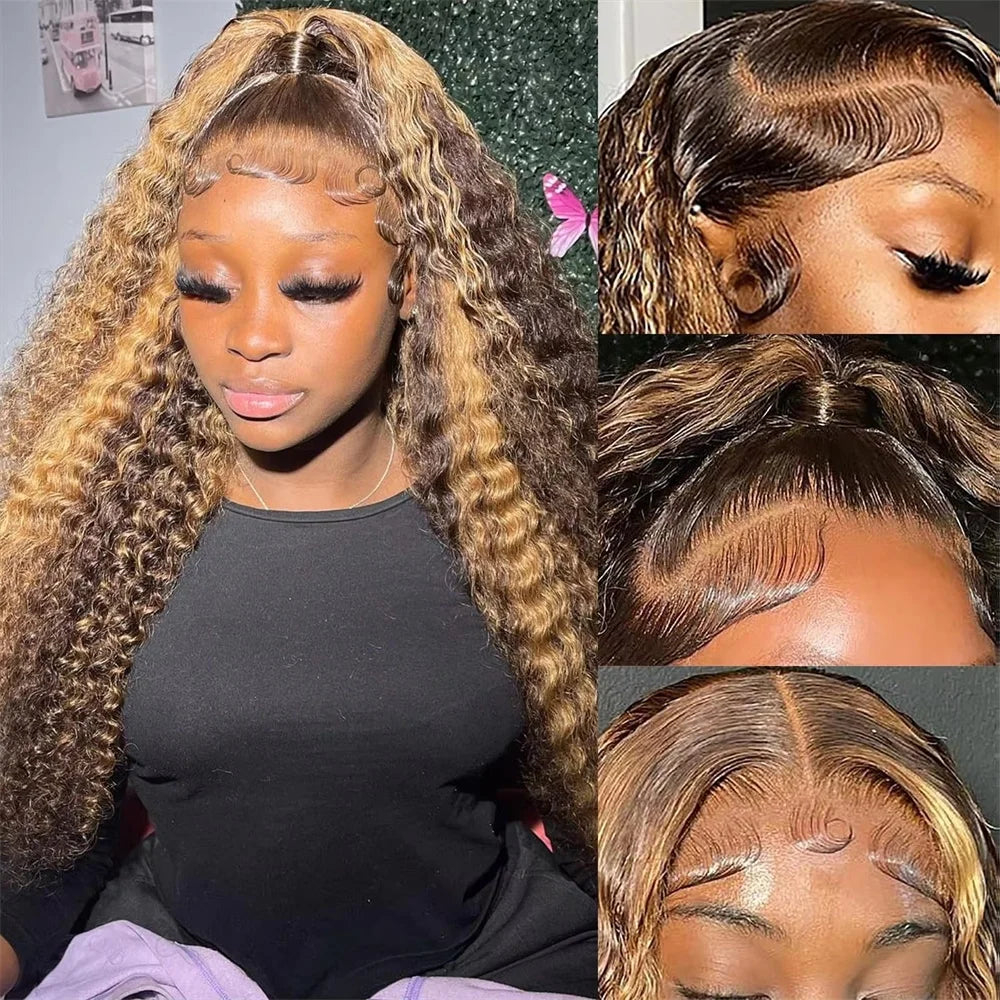 Highlight Ombre Human Hair Wigs P4/27 Honey Blonde, 13x4 Deep Wave Lace