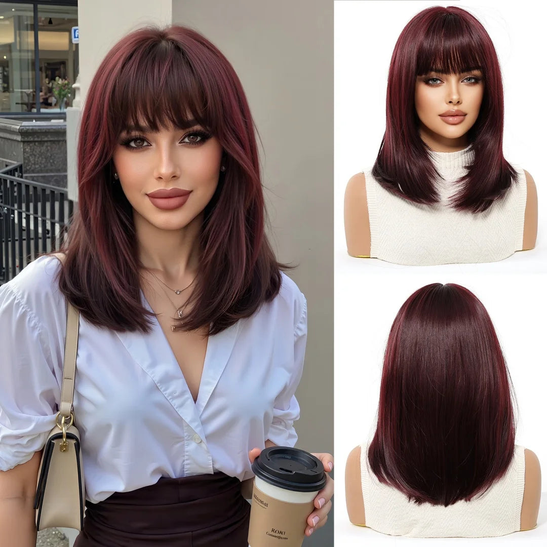 Blonde Straight Synthetic Wigs Bang Medium Length Natural Hair Daily Cosplay Heat