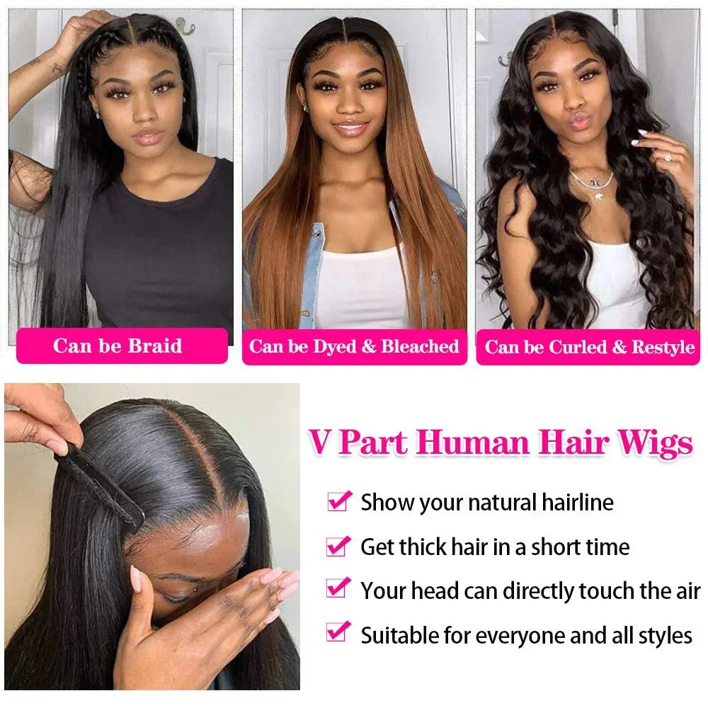 V Part Straight Human Hair Wig, Brazilian Remy, No Leave Out, 220% Density