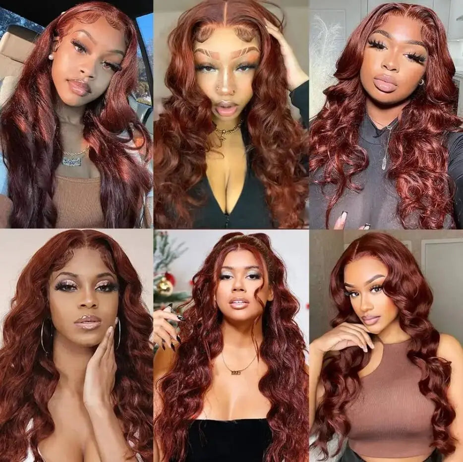 Reddish Brown Body Wave Human Hair 13x6 HD Lace Frontal Wig, 250% Density, Pre-Cut, Copper Red
