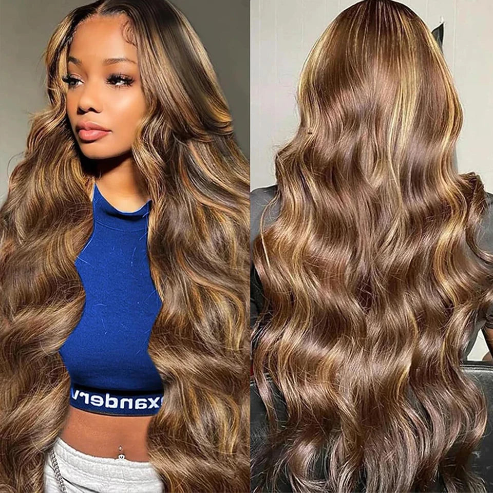 P4/27 Highlight Human Hair Bundles, 4x4 Body Wave Lace Closure Brazilian Remy
