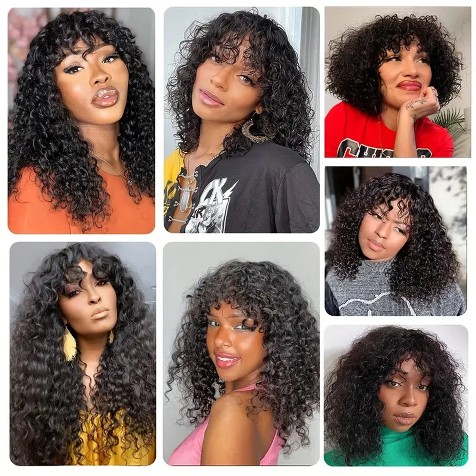 Glueless Water Wave Wig Bangs Black Women's Human Hair Without Glue Fully