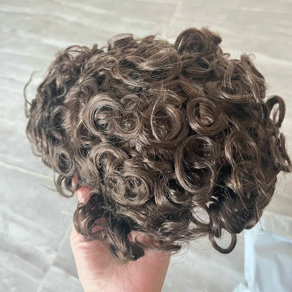 28mm Curly Men's 1B80 Gray Brown Black Human Hair Durable Bond Mono