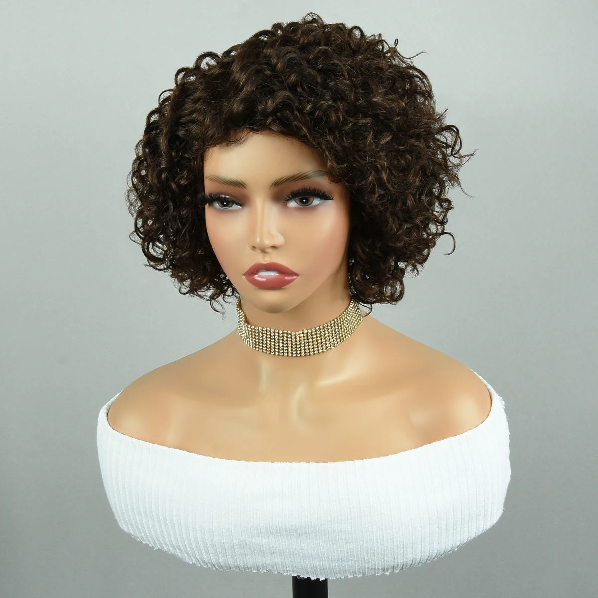 Brown Curly Pixie Cut Wigs Part Lace Human Hair Jerry Closure 8Inch