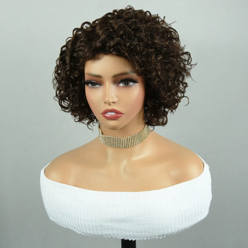 Brown Curly Pixie Cut Wigs Part Lace Human Hair Jerry Closure 8Inch
